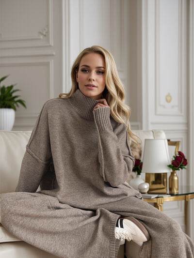 Slit Turtleneck Long Sleeve Top and Pants Sweater Set Taupe One Size for a perfect OOTD – dress to impress outfits from Amexza