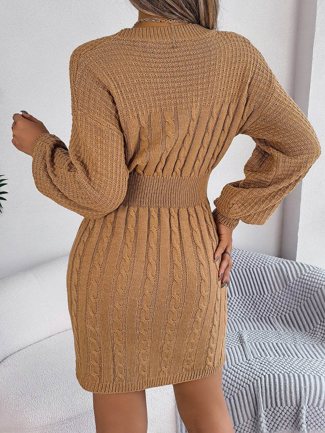 Cable-Knit Cutout Round Neck Slit Sweater Dress for a perfect OOTD – dress to impress outfits from Amexza