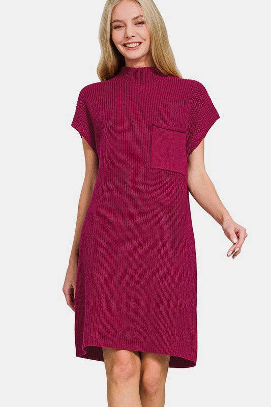 Zenana Mock Neck Short Sleeve Sweater Dress Cabernet for a perfect OOTD – dress to impress outfits from Amexza