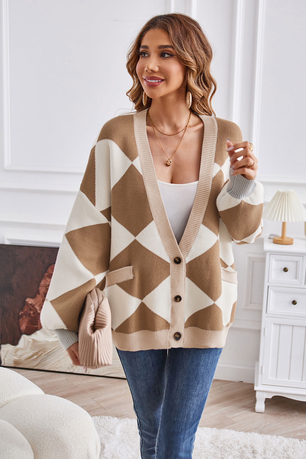 Geometric Lantern Sleeve Cardigan with Pockets for a perfect OOTD – dress to impress outfits from Amexza