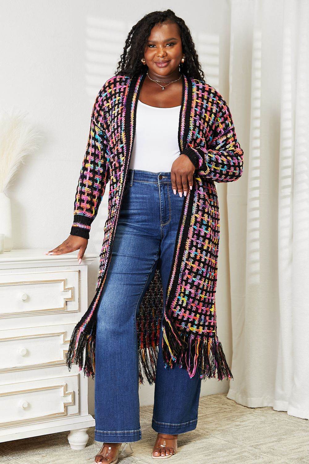 Angel Wings Full Size Multicolored Open Front Fringe Hem Cardigan for a perfect OOTD – dress to impress outfits from Amexza