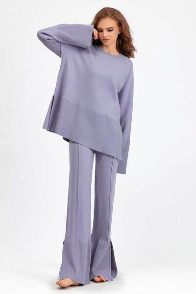 Basic Bae Slit Round Neck Long Sleeve Top and Drawstring Pants Sweater Set Dusty Blue One Size for a perfect OOTD – dress to impress outfits from Amexza