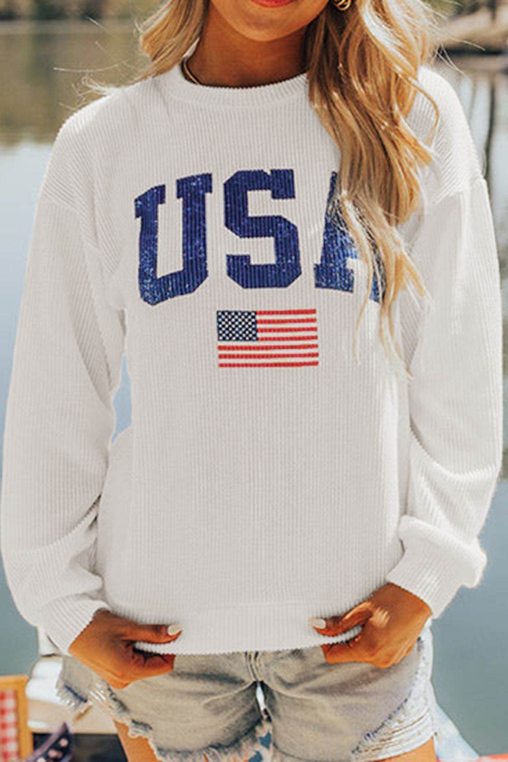 US Flag Corded Long Sleeve Sweatshirt for a perfect OOTD – dress to impress outfits from Amexza