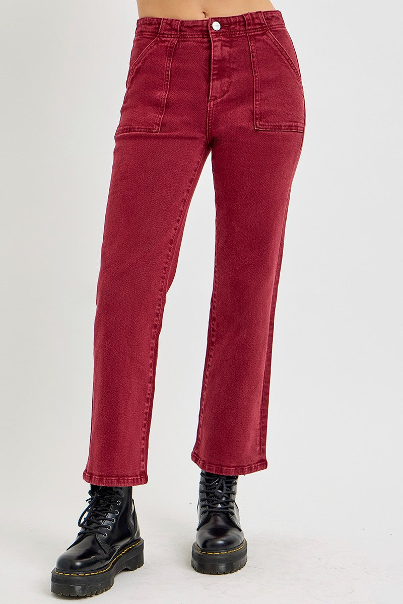 RISEN Full Size High Rise Straight Jeans with Patch Pockets - Wine / 0(24)