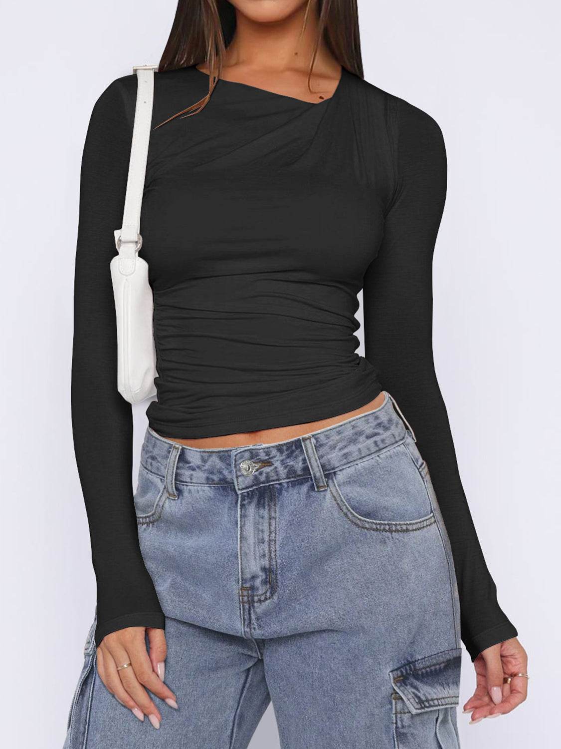 Ruched Asymmetrical Neck Long Sleeve T-Shirt - Amexza