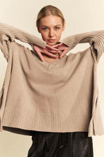 Davi & Dani Ribbed Side Slit V-Neck Sweater for a perfect OOTD – dress to impress outfits from Amexza