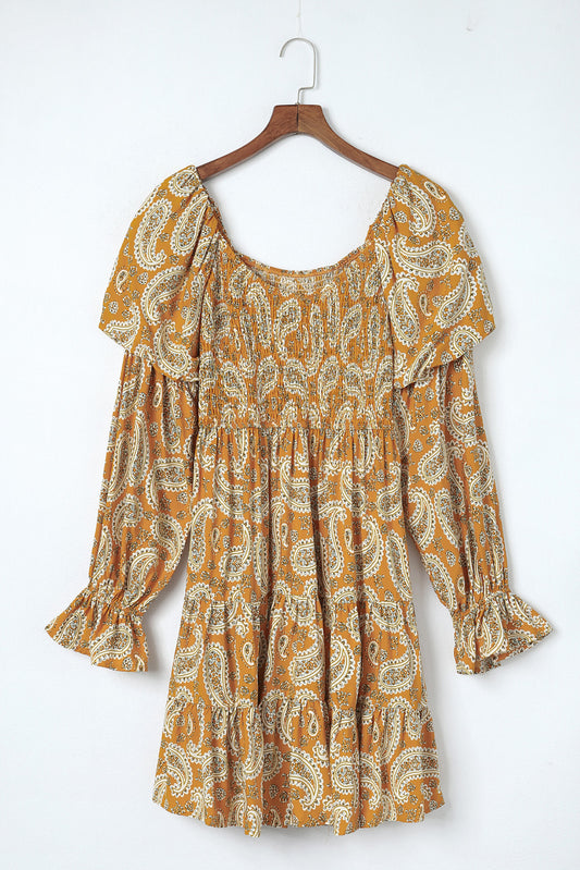 Paisley Flounce Sleeve Dress - Mustard / S