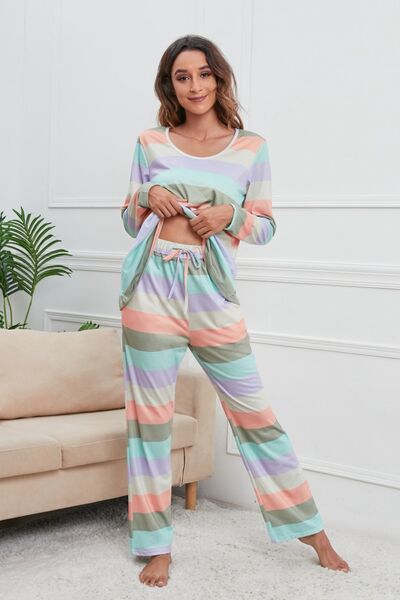 Striped Round Neck Long Sleeve Top and Drawstring Pants Lounge Set Light Blue for a perfect OOTD – dress to impress outfits from Amexza