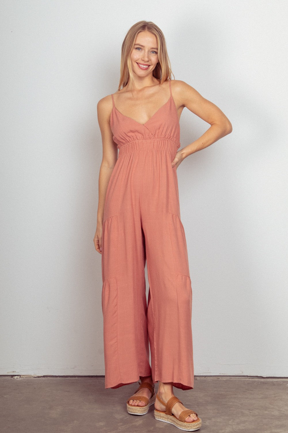 VERY J Sleeveless Ruched Wide Leg Jumpsuit Blush for a perfect OOTD – dress to impress outfits from Amexza