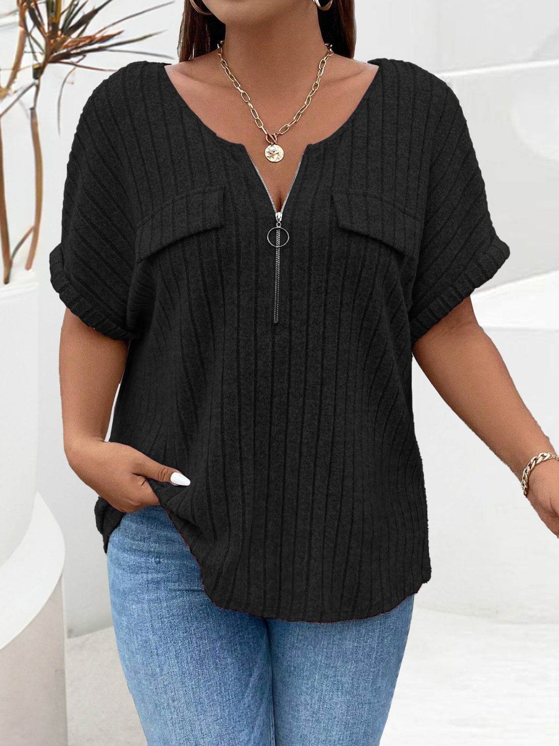 Plus Size Half Zip Short Sleeve T-Shirt Black for a perfect OOTD – dress to impress outfits from Amexza