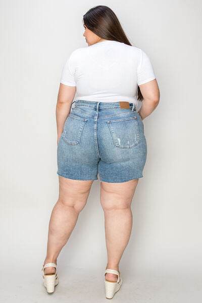 Judy Blue Full Size High Waist Raw Hem Denim Shorts for a perfect OOTD – dress to impress outfits from Amexza