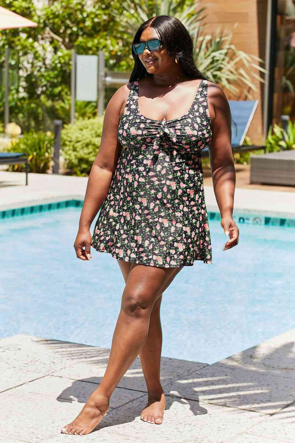 Marina West Swim Full Size Clear Waters Swim Dress in Black Roses for a perfect OOTD – dress to impress outfits from Amexza