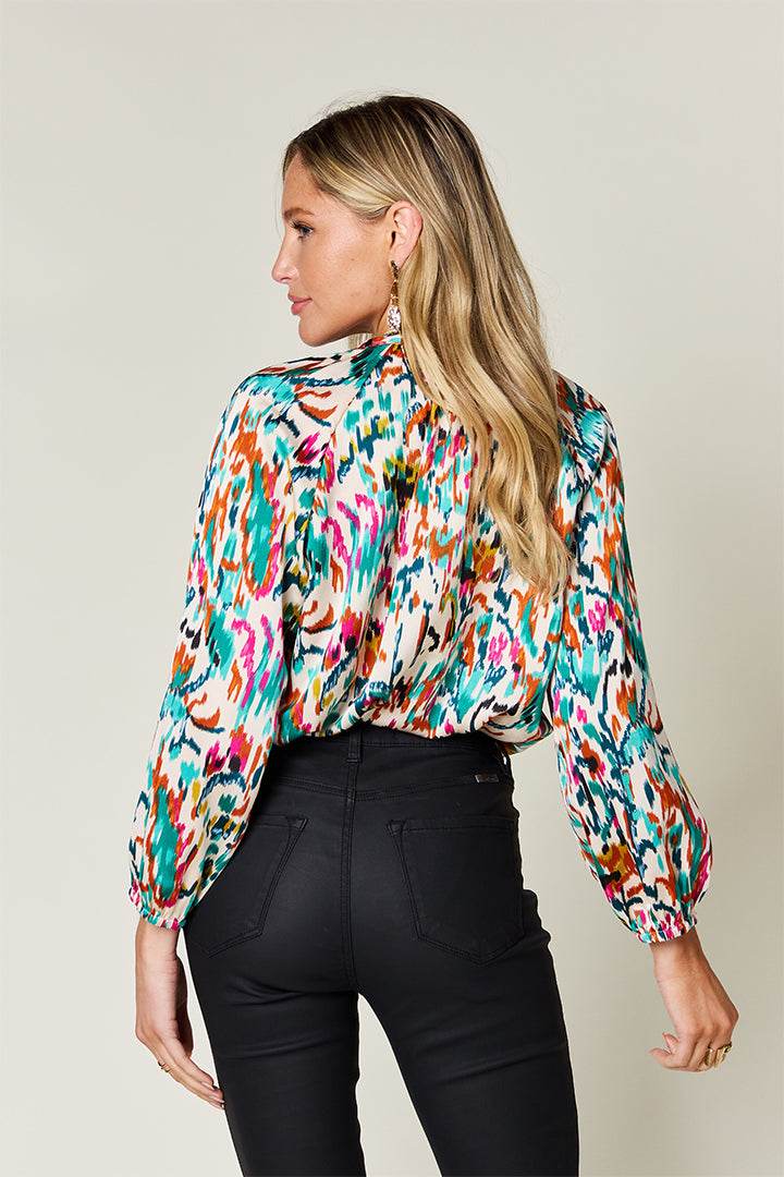 Double Take Full Size Printed Button Up Long Sleeve Shirt - Amexza