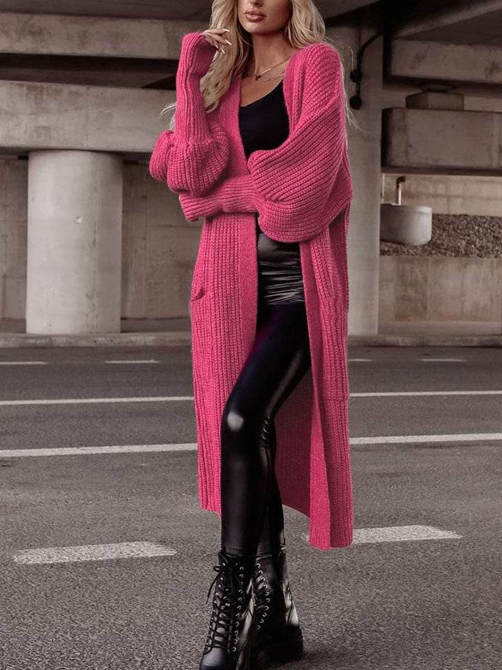 Lantern Sleeve Pocketed Cardigan Hot Pink for a perfect OOTD – dress to impress outfits from Amexza