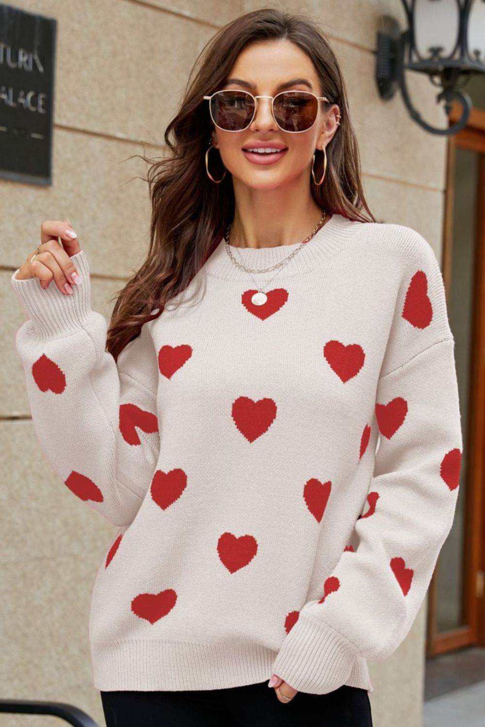 Woven Right Heart Pattern Lantern Sleeve Round Neck Tunic Sweater Beige Red for a perfect OOTD – dress to impress outfits from Amexza