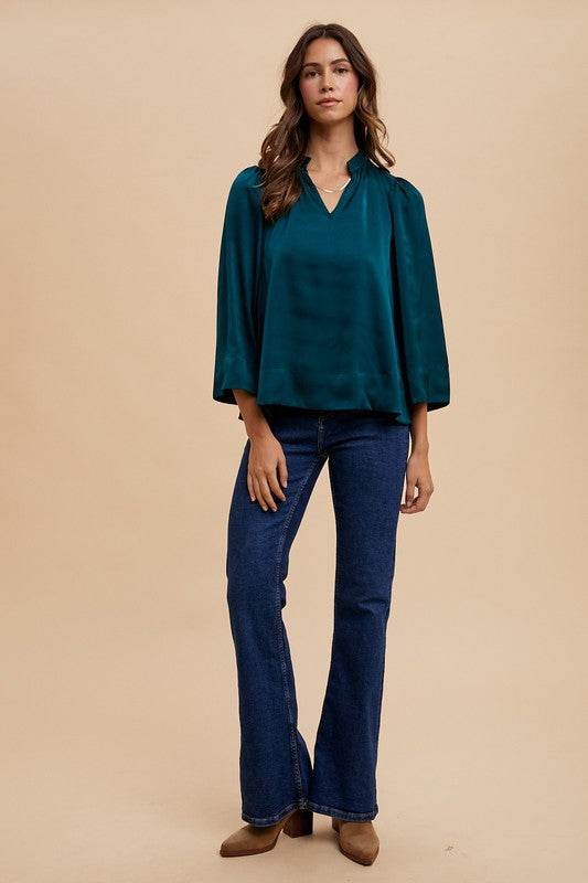 Annie Wear Satin Notched Three-Quarter Sleeve Blouse - Amexza