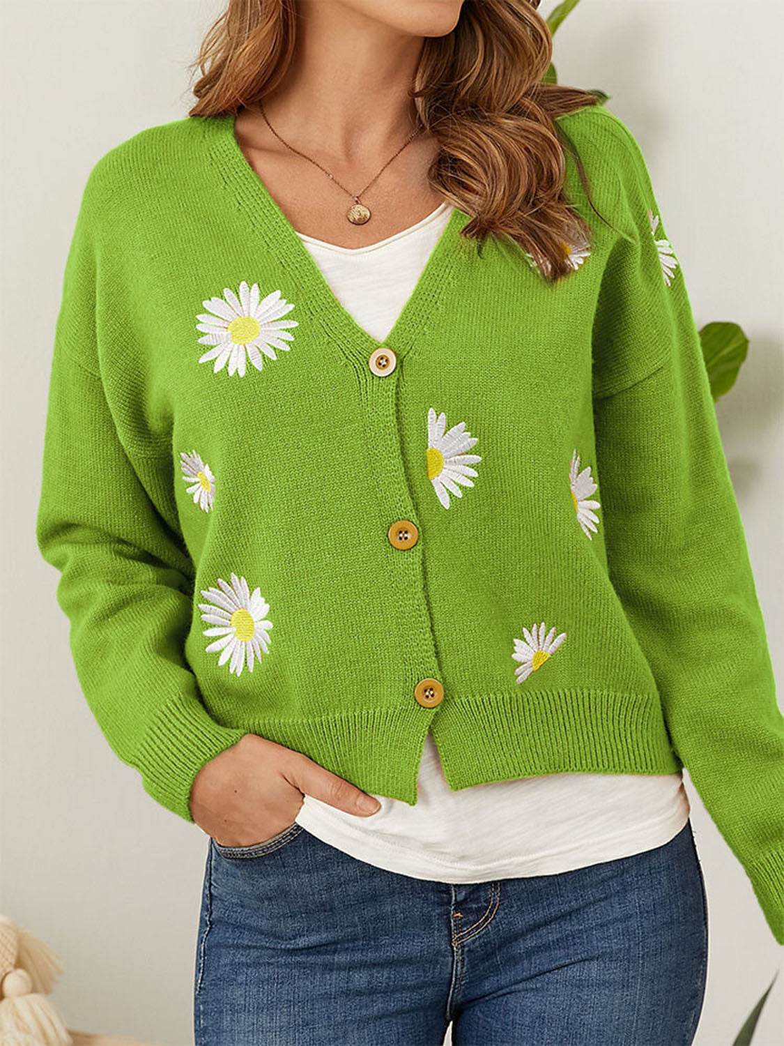 Flower Button Front Dropped Shoulder Cardigan Mid Green for a perfect OOTD – dress to impress outfits from Amexza