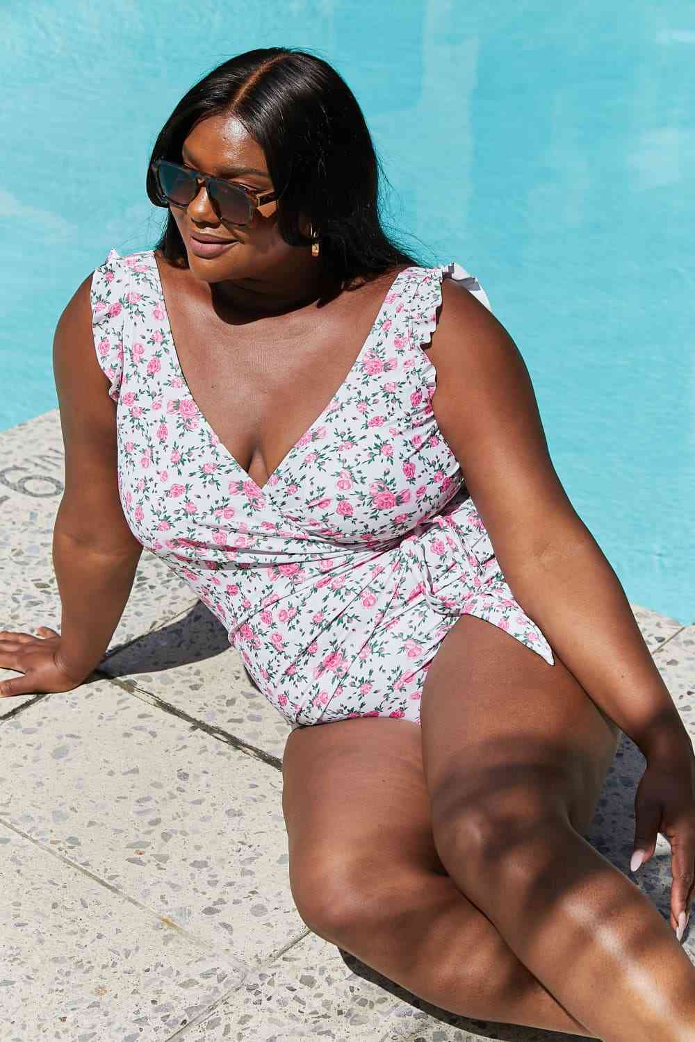 Marina West Swim Full Size Float On Ruffle Faux Wrap One-Piece in Roses Off-White for a perfect OOTD – dress to impress outfits from Amexza