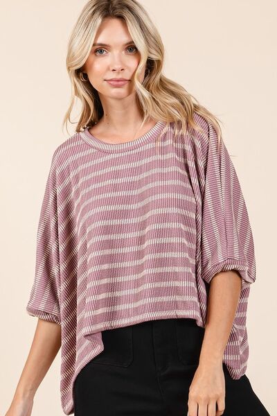 Mittoshop Texture Striped Print Round Neck Dolman Sleeve Top for a perfect OOTD – dress to impress outfits from Amexza