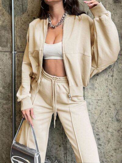 Baseball Collar Zip Up Top and Drawstring Paants Set Tan for a perfect OOTD – dress to impress outfits from Amexza