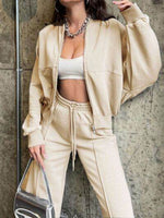 Baseball Collar Zip Up Top and Drawstring Paants Set Tan for a perfect OOTD – dress to impress outfits from Amexza