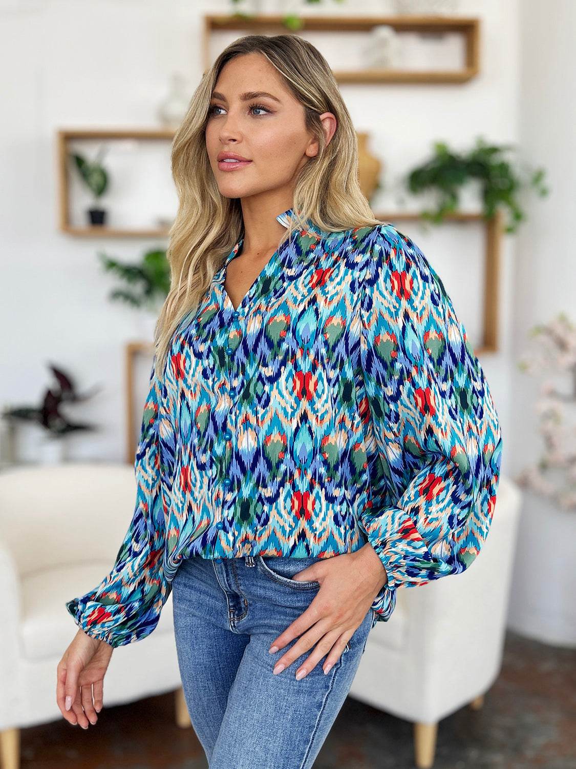 Double Take Full Size Printed Balloon Sleeve Blouse for a perfect OOTD – dress to impress outfits from Amexza