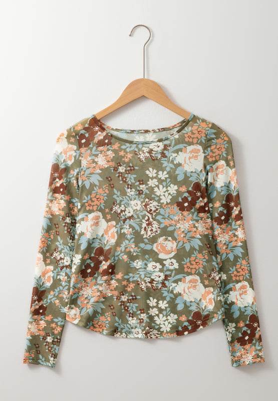 Floral Round Neck Long Sleeve T-Shirt - Amexza