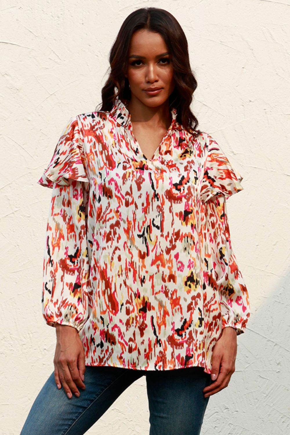 Printed Nochted Neck Ruffled Blouse Ochre for a perfect OOTD – dress to impress outfits from Amexza