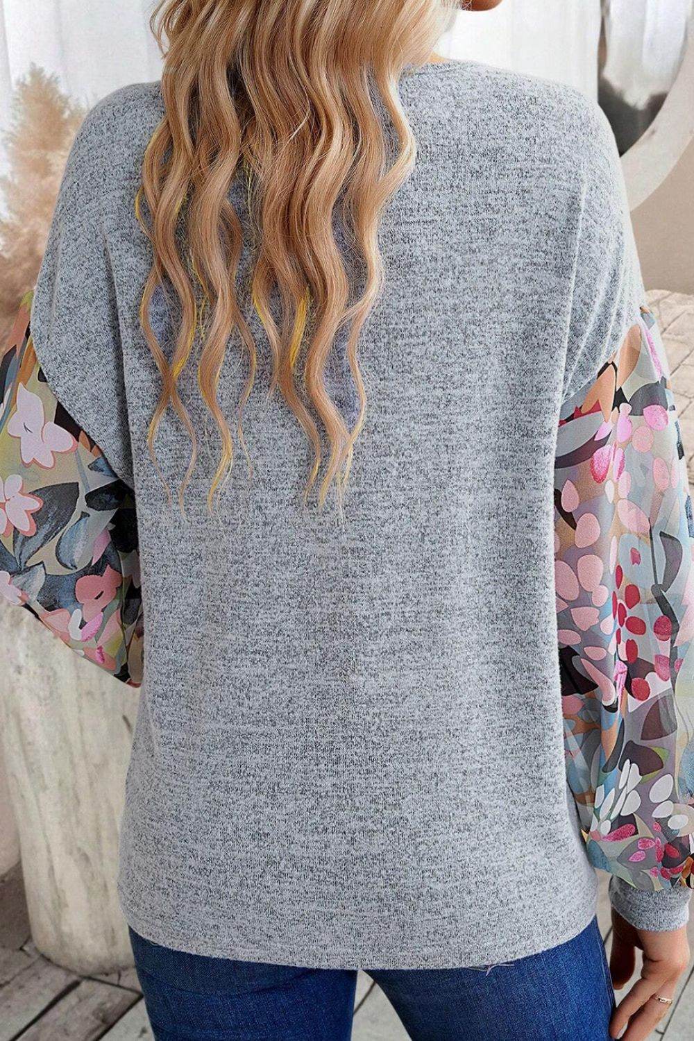 Printed Lantern Sleeve Buttoned V Neck Top - Amexza