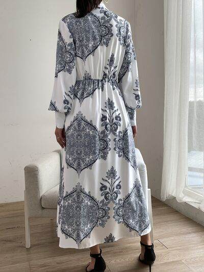 Printed Notched Lantern Sleeve Midi Dress for a perfect OOTD – dress to impress outfits from Amexza