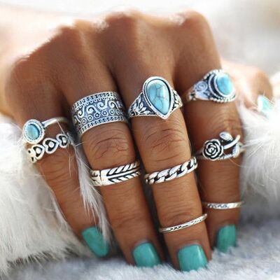 Artificial Turquoise Alloy Ring 10-Piece Set Silver One Size for a perfect OOTD – dress to impress outfits from Amexza