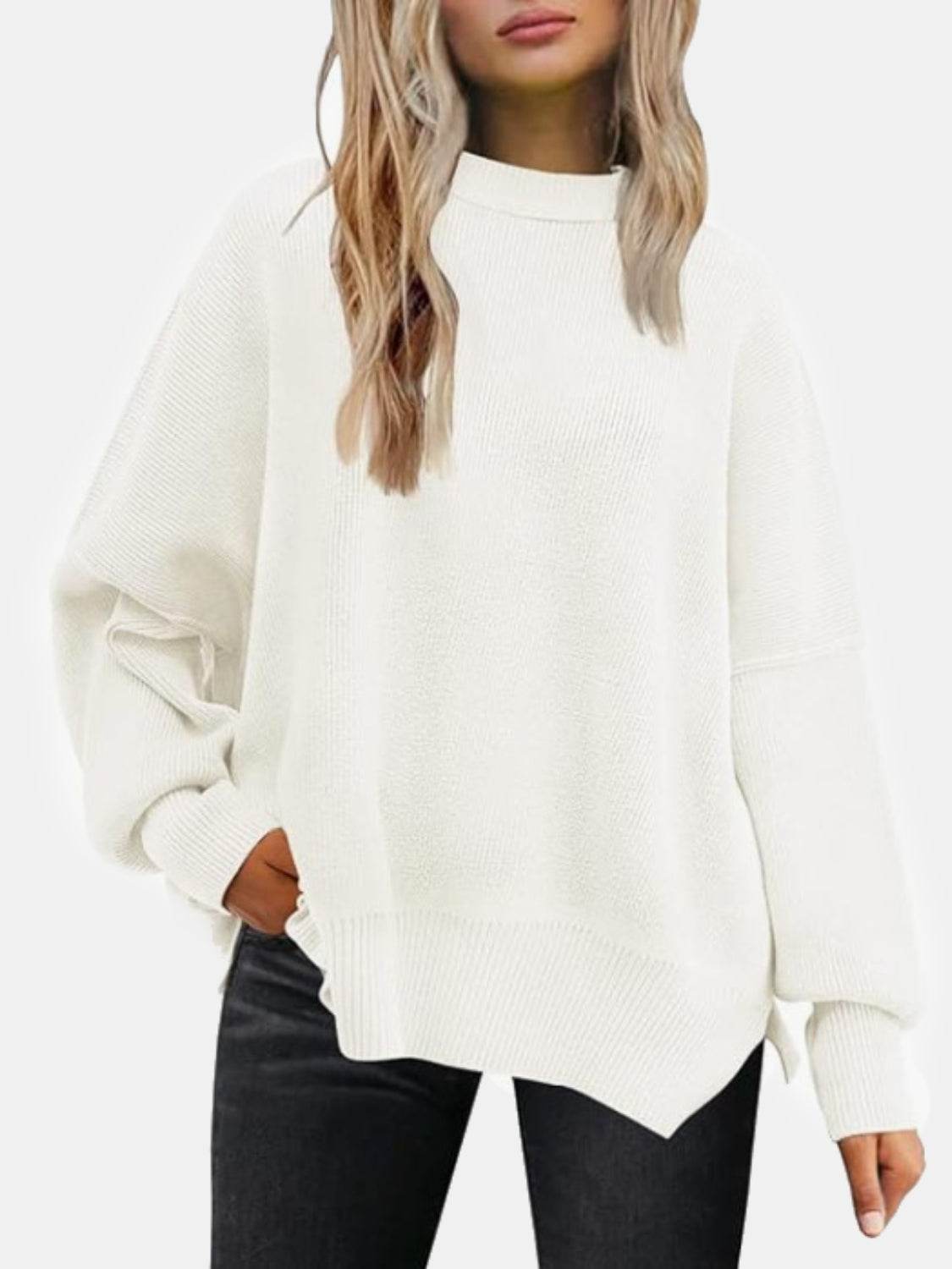 Round Neck Drop Shoulder Slit Sweater White for a perfect OOTD – dress to impress outfits from Amexza