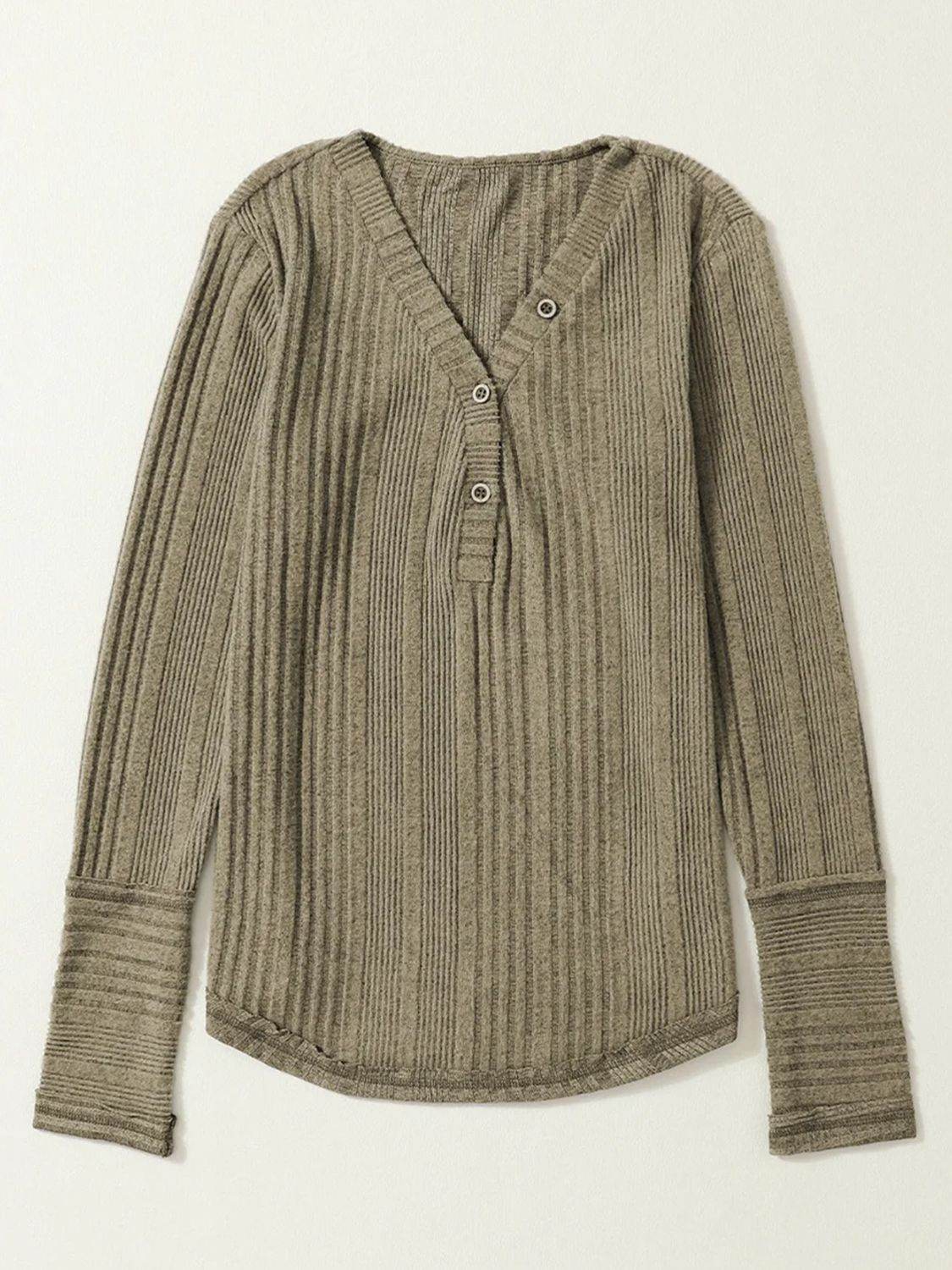 Textured V-Neck Long Sleeve T-Shirt - Amexza