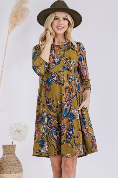 Celeste Full Size Paisley Print Round Neck Dress with Pockets for a perfect OOTD – dress to impress outfits from Amexza