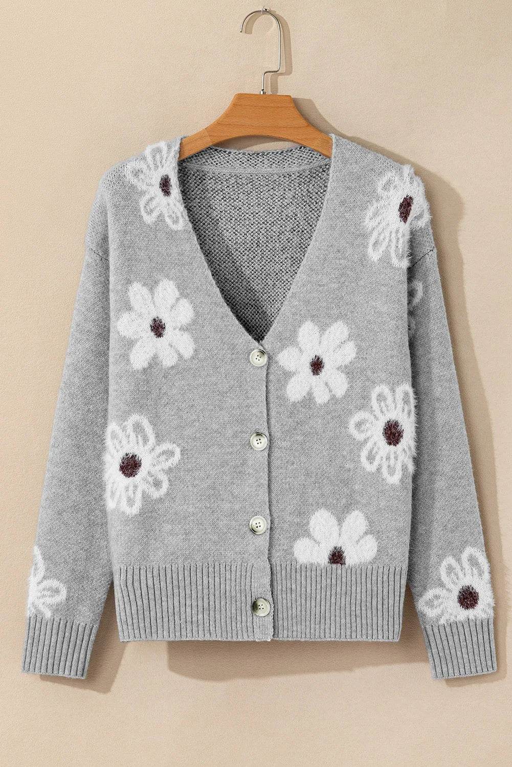 Flower Button Up Long Sleeve Cardigan - Amexza