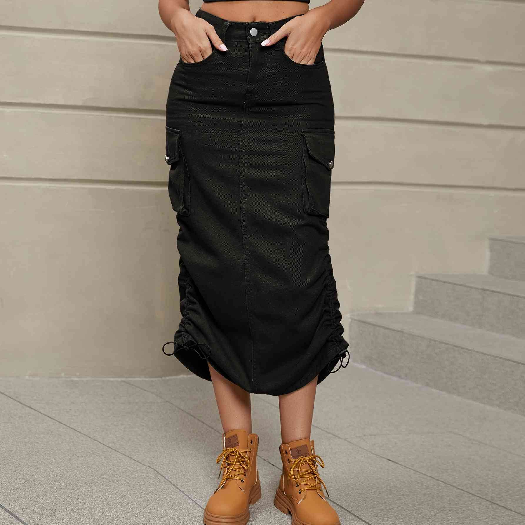 Drawstring Ruched Slit Denim Midi Skirt Black for a perfect OOTD – dress to impress outfits from Amexza