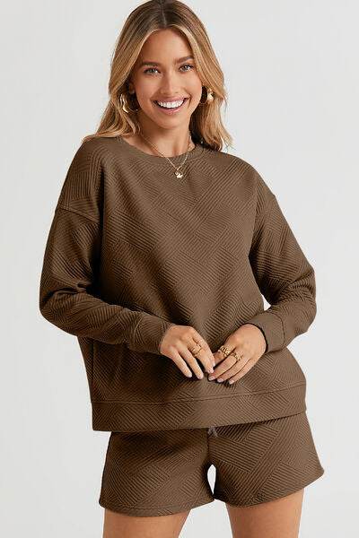 Double Take Full Size Texture Long Sleeve Top and Drawstring Shorts Set Chestnut for a perfect OOTD – dress to impress outfits from Amexza