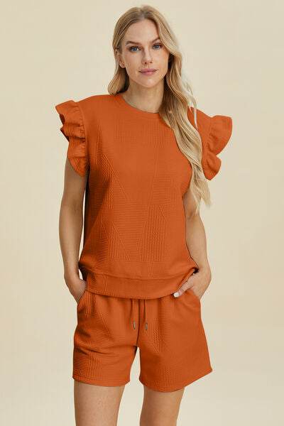 Double Take Full Size Texture Round Neck Ruffle Sleeve Top and Shorts Set for a perfect OOTD – dress to impress outfits from Amexza