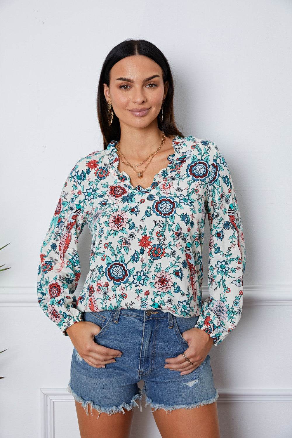 Floral Notched Long Sleeve Blouse Multicolor for a perfect OOTD – dress to impress outfits from Amexza