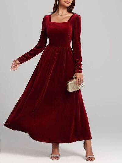 Velvet Square Neck Long Sleeve Dress Deep Red for a perfect OOTD – dress to impress outfits from Amexza