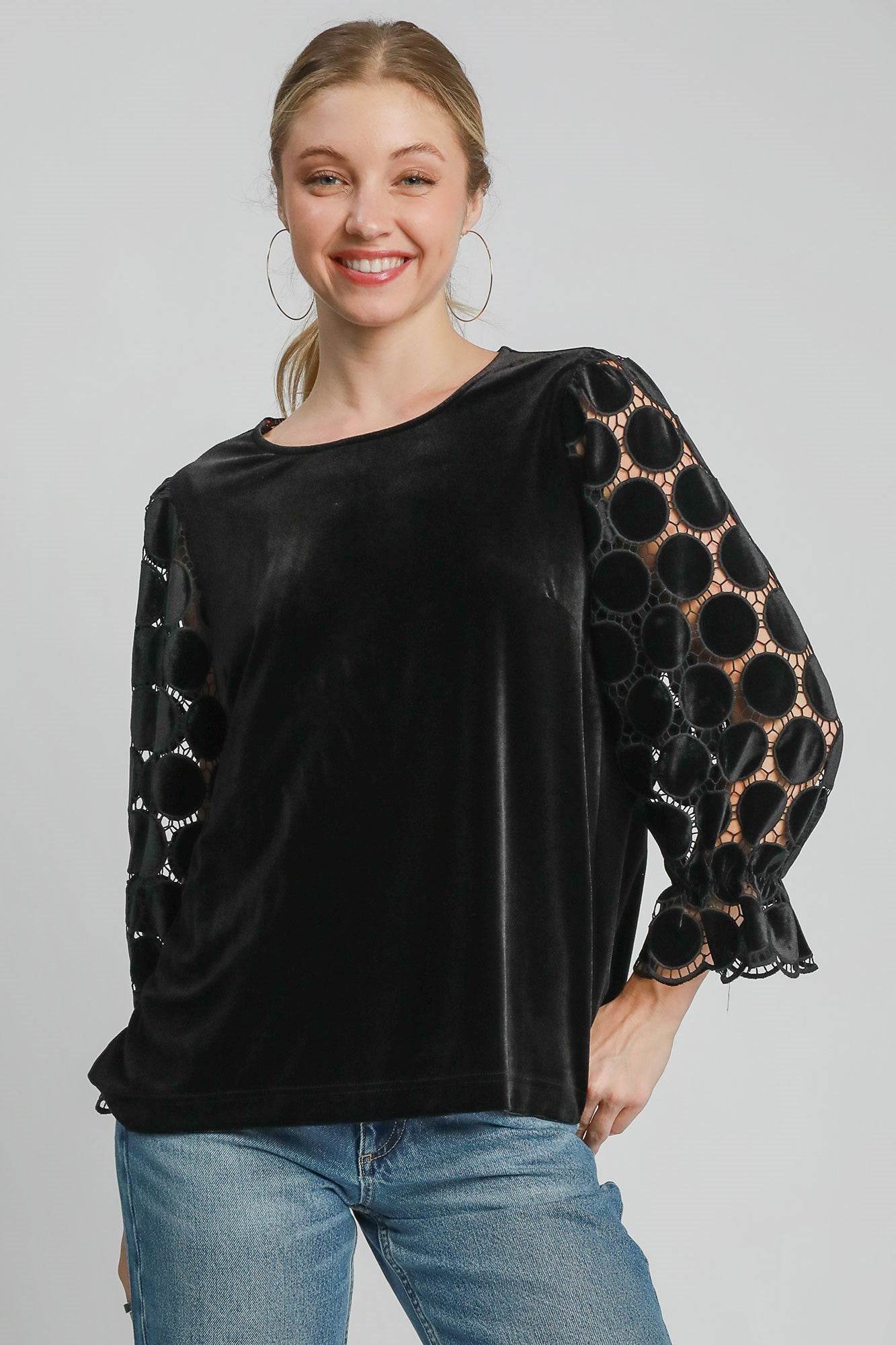 Umgee Polka Dot Lace Long Sleeve Round Neck Blouse Black for a perfect OOTD – dress to impress outfits from Amexza