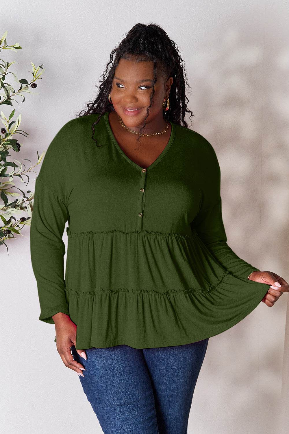 Double Take Half Button Long Sleeve Ruffle Hem Blouse Army Green for a perfect OOTD – dress to impress outfits from Amexza