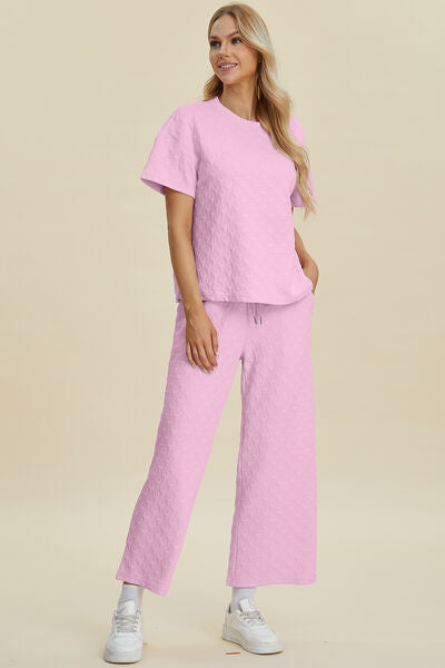 Double Take Full Size Texture Round Neck Short Sleeve Top and Pants Set for a perfect OOTD – dress to impress outfits from Amexza