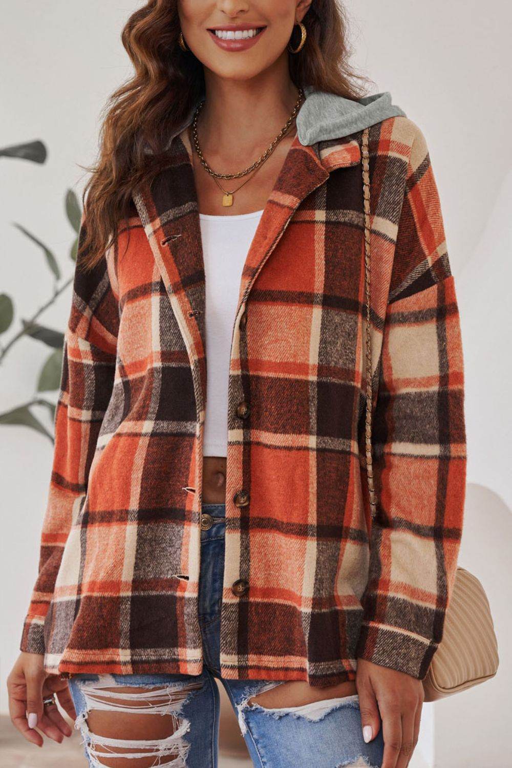 Plaid Button Up Hooded Shacket for a perfect OOTD – dress to impress outfits from Amexza