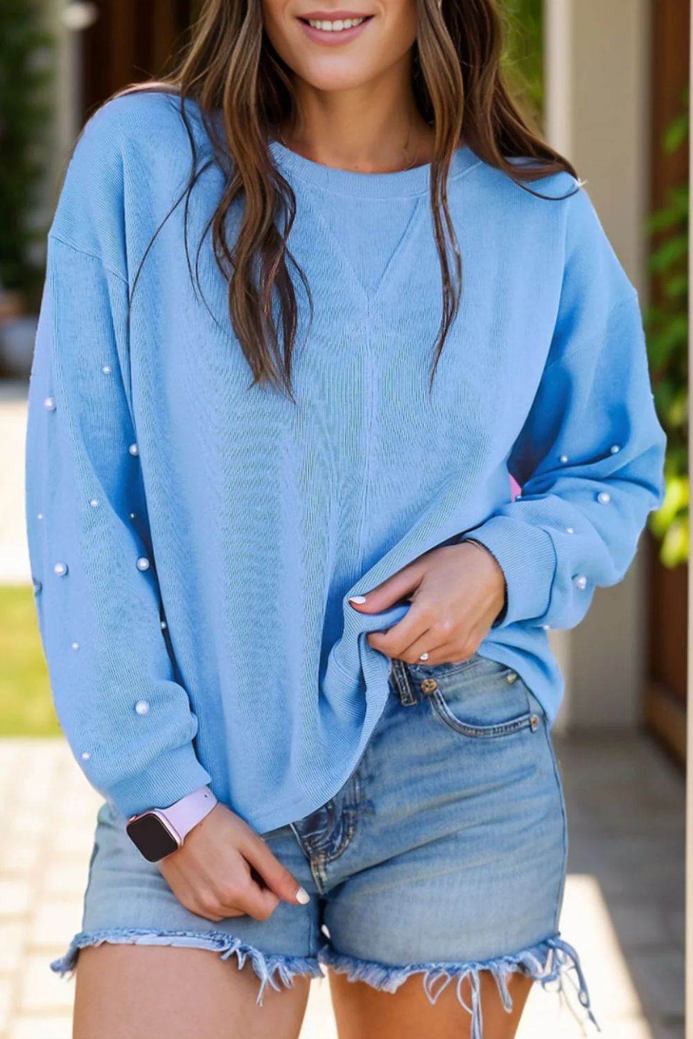 Pearl Trim Round Neck Long Sleeve Sweatshirt Blue for a perfect OOTD – dress to impress outfits from Amexza