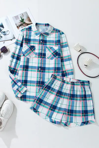 Plaid Snap Down Long Sleeve Top and Shorts Lounge Set for a perfect OOTD – dress to impress outfits from Amexza