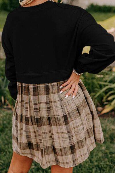 Plaid Round Neck Long Sleeve Mini Dress for a perfect OOTD – dress to impress outfits from Amexza