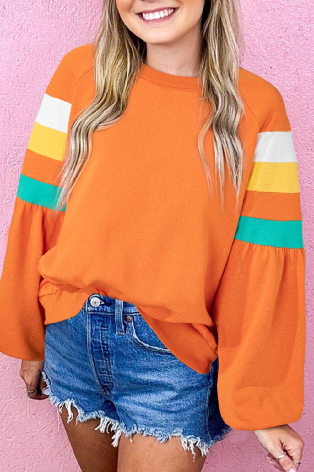 Color Block Round Neck Long Sleeve Sweatshirt - Amexza