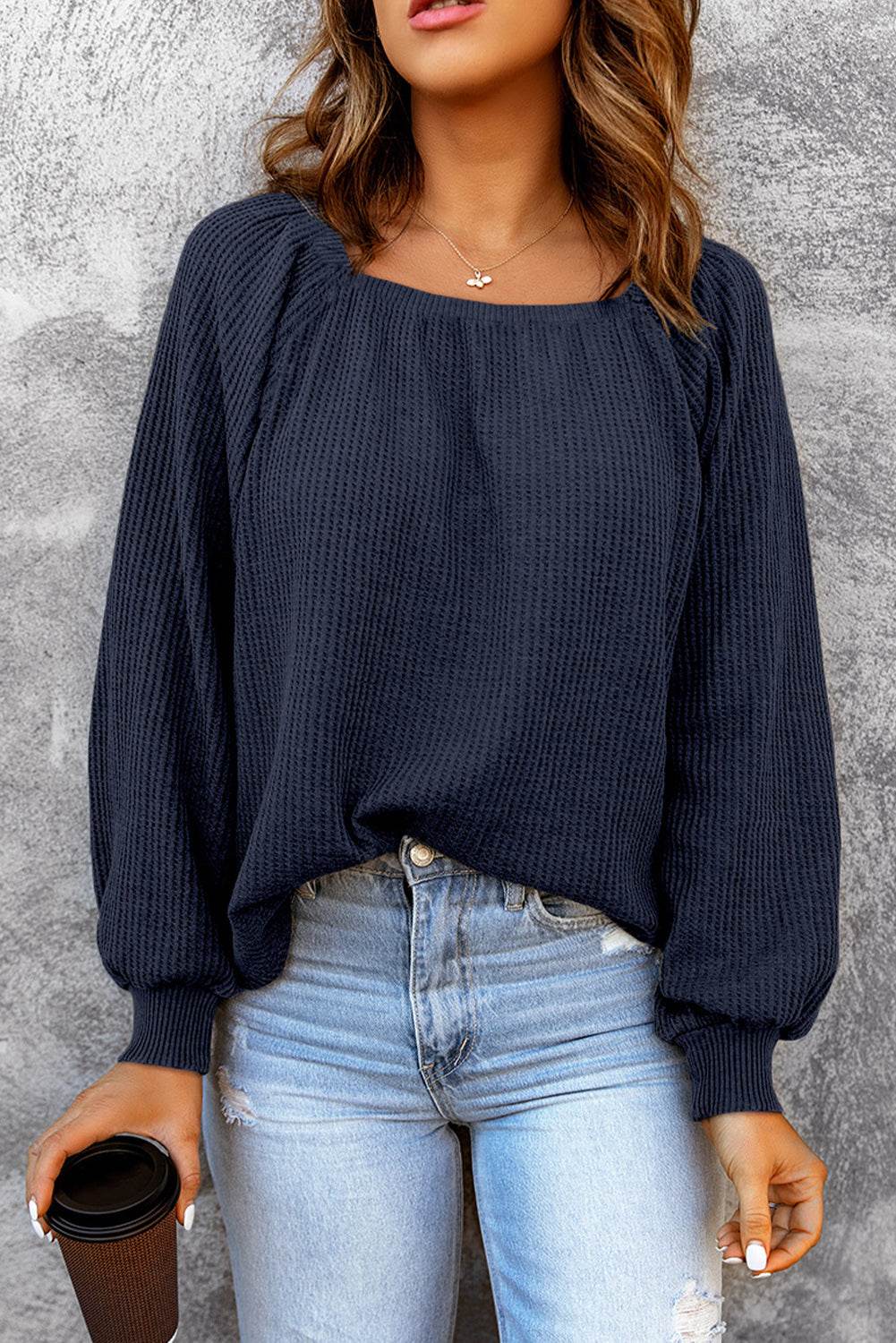 Square Neck Waffle-Knit Top French Blue for a perfect OOTD – dress to impress outfits from Amexza