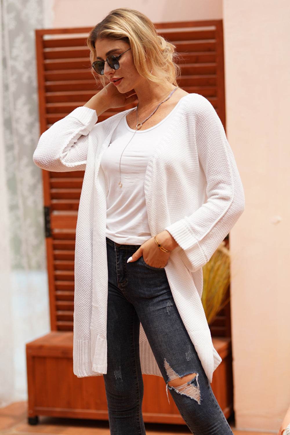 Open Front Long Sleeve Cardigan White for a perfect OOTD – dress to impress outfits from Amexza